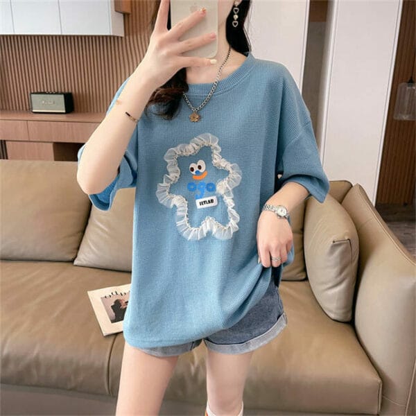 Lovely Fashion Cartoon Patches Round Neck Loosen T-shirt 4