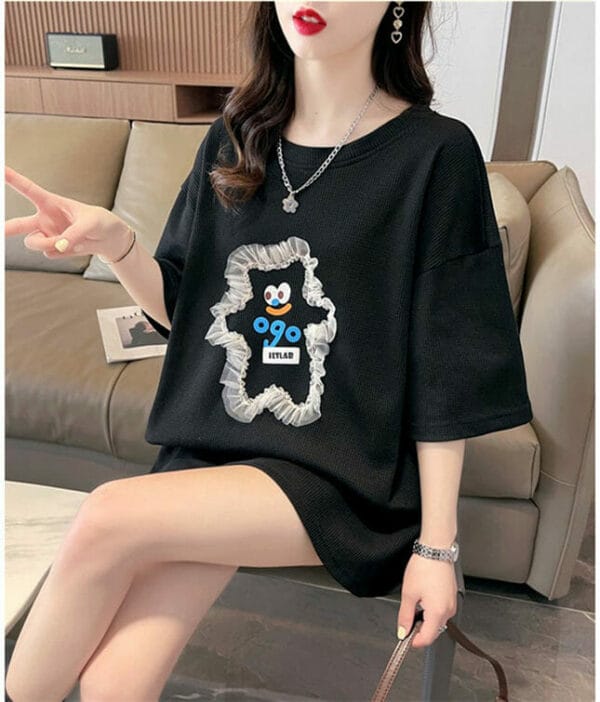 Lovely Fashion Cartoon Patches Round Neck Loosen T-shirt 2