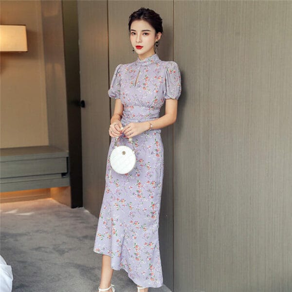 Lovely Fashion High Waist Flowers Fishtail Slim Dress Set 2