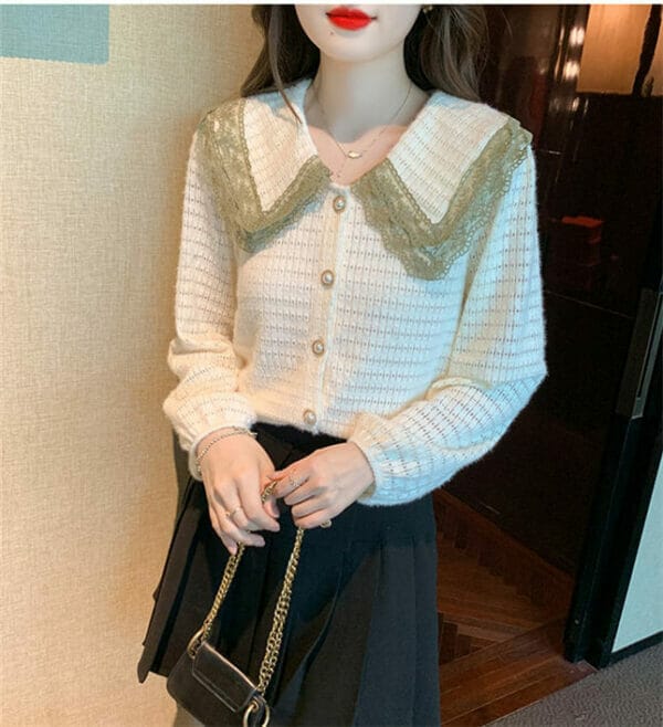 Lovely Fashion Lace Doll Collar Hollow Out Knit Blouse 3