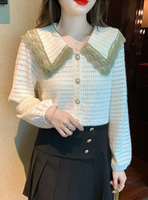 Lovely Fashion Lace Doll Collar Hollow Out Knit Blouse 1