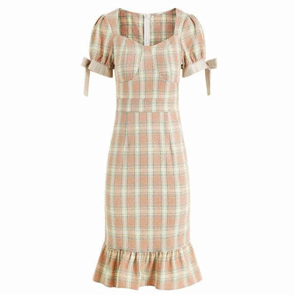 Lovely Fashion Square Collar Plaids Fishtail Dress 5