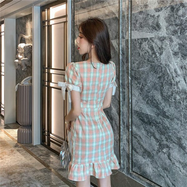 Lovely Fashion Square Collar Plaids Fishtail Dress 4