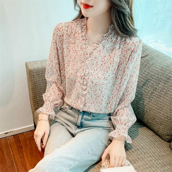 Lovely Flouncing V-neck Loosen Chiffon Blouse 5