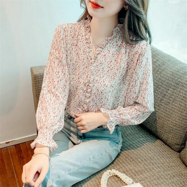 Lovely Flouncing V-neck Loosen Chiffon Blouse 3