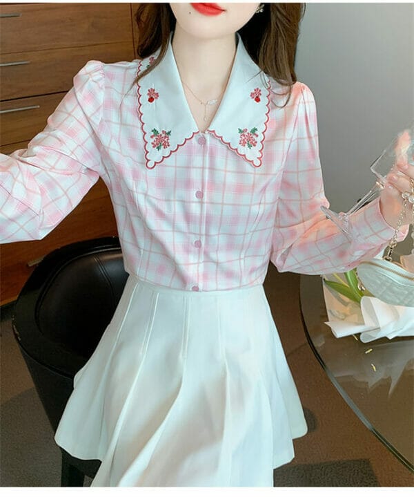 Lovely Girl Flowers Embroidery Doll Collar Plaids Blouse 3