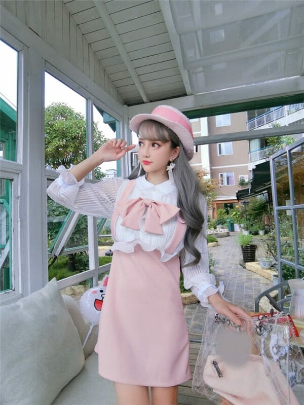 Lovely Girlish 3 Colors Bowknot Collar Gauze Sleeve Dress 6