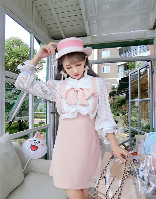 Lovely Girlish 3 Colors Bowknot Collar Gauze Sleeve Dress 5