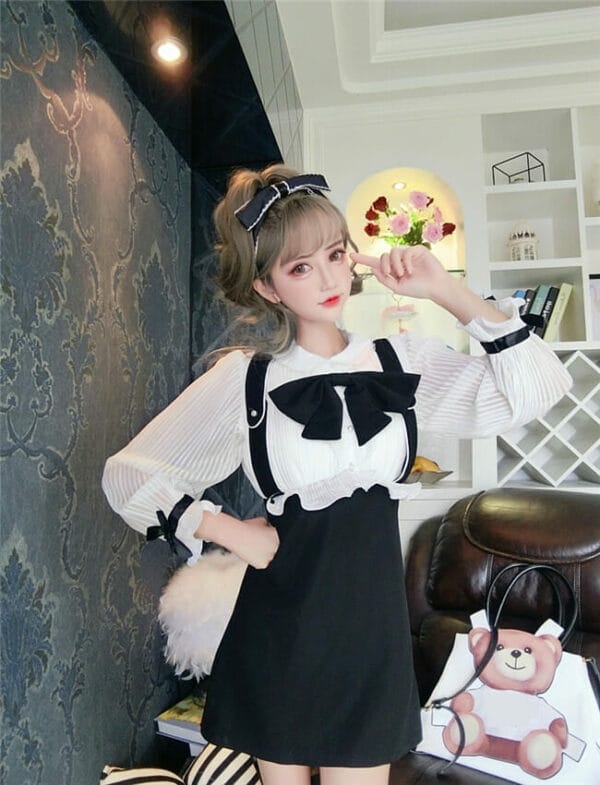 Lovely Girlish 3 Colors Bowknot Collar Gauze Sleeve Dress 4