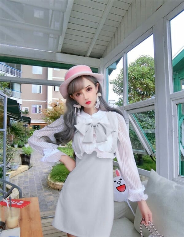 Lovely Girlish 3 Colors Bowknot Collar Gauze Sleeve Dress 2