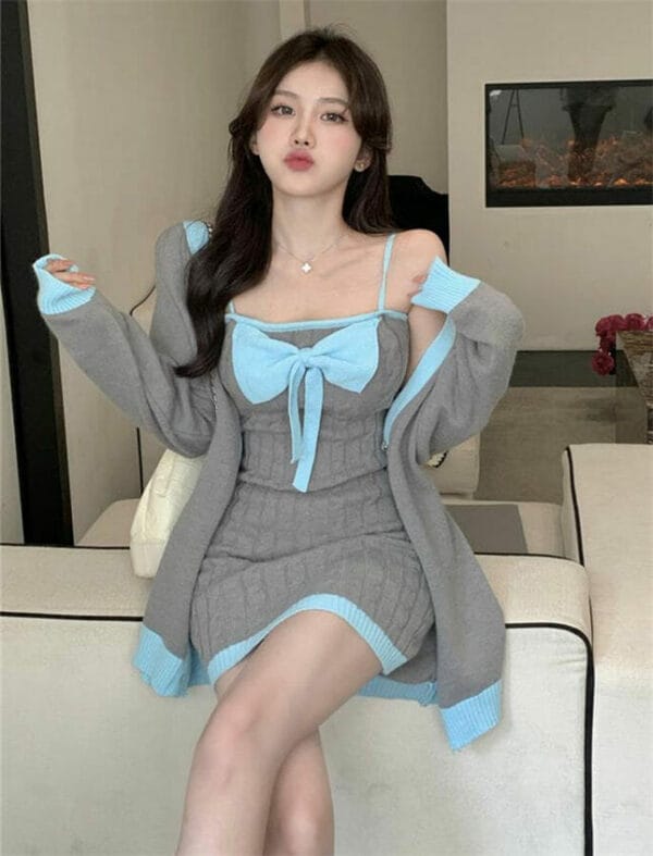 Lovely Girlish Knitting Coat with Bowknot Straps Dress 5