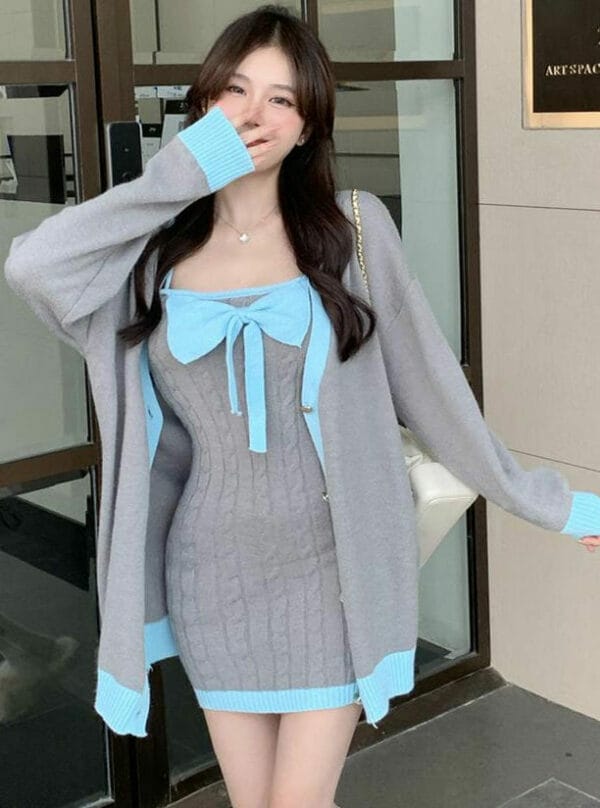 Lovely Girlish Knitting Coat with Bowknot Straps Dress 1
