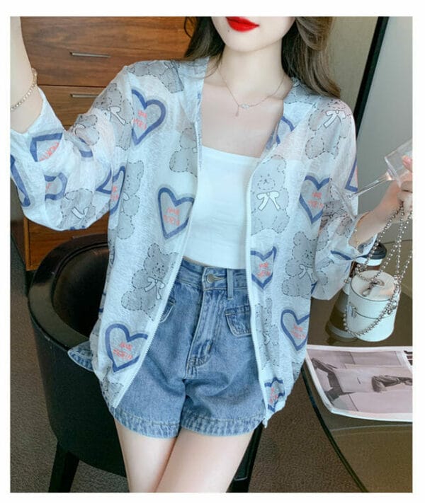 Lovely Girls Cartoon Printings Zipper Open Hooded Blouse 2