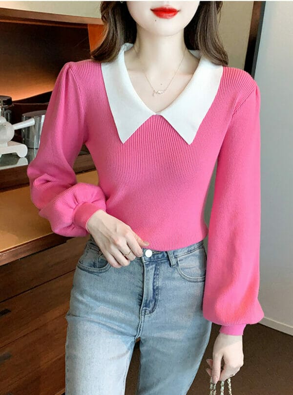 Lovely Korea 3 Colors Doll Collar Puff Sleeve Knit T-shirt 1