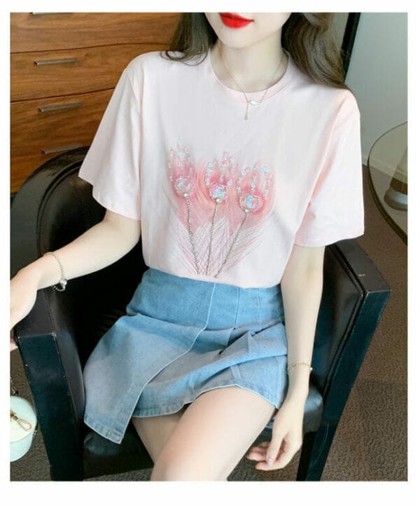 Lovely Korea Beads Sequins Flowers Cotton T-shirt 5