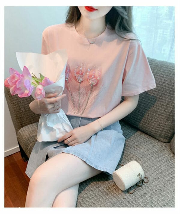 Lovely Korea Beads Sequins Flowers Cotton T-shirt 4