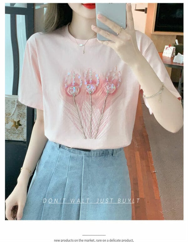 Lovely Korea Beads Sequins Flowers Cotton T-shirt 3