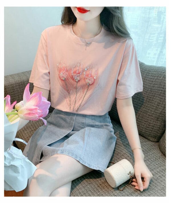 Lovely Korea Beads Sequins Flowers Cotton T-shirt 2