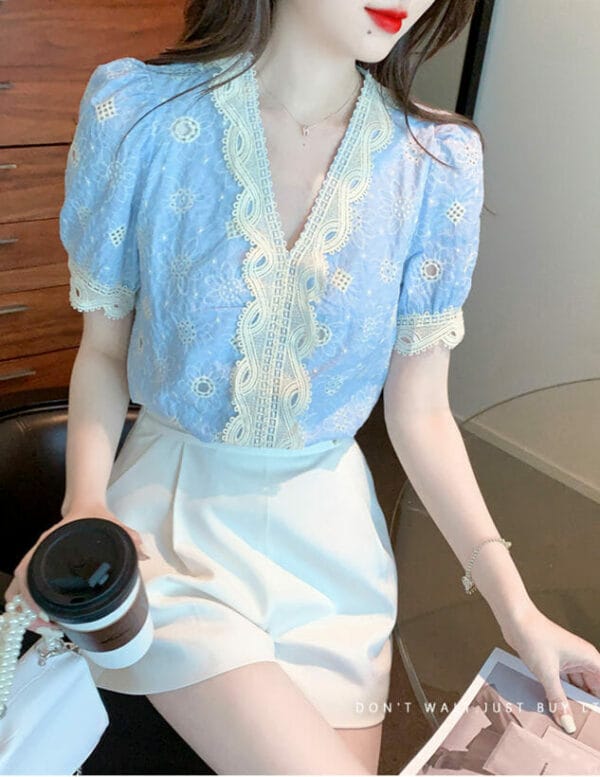 Lovely Lace Hollow Out V-neck Puff Sleeve Blouse 5