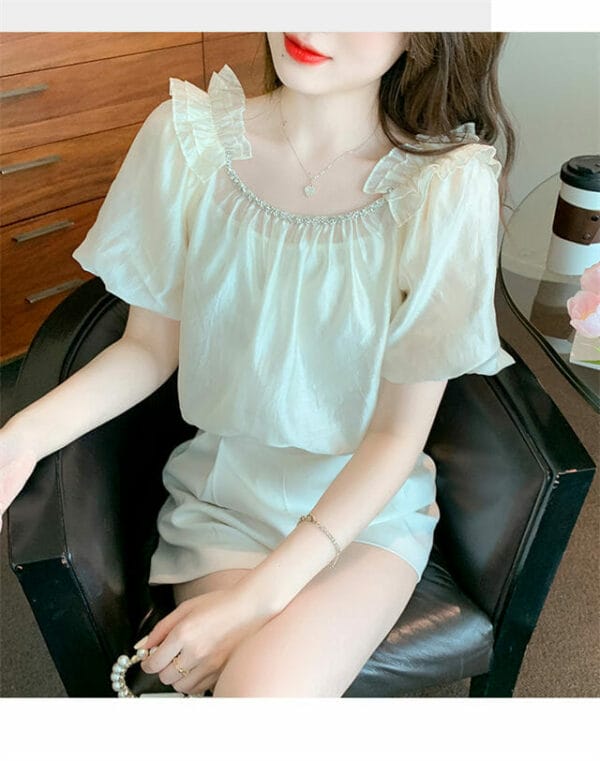 Lovely Rhinestones Collar Puff Sleeve Loosen Blouse 2