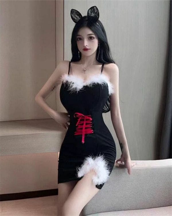 Lovely Sexy 2 Colors Tie Waist Fur Bust Straps Dress 5