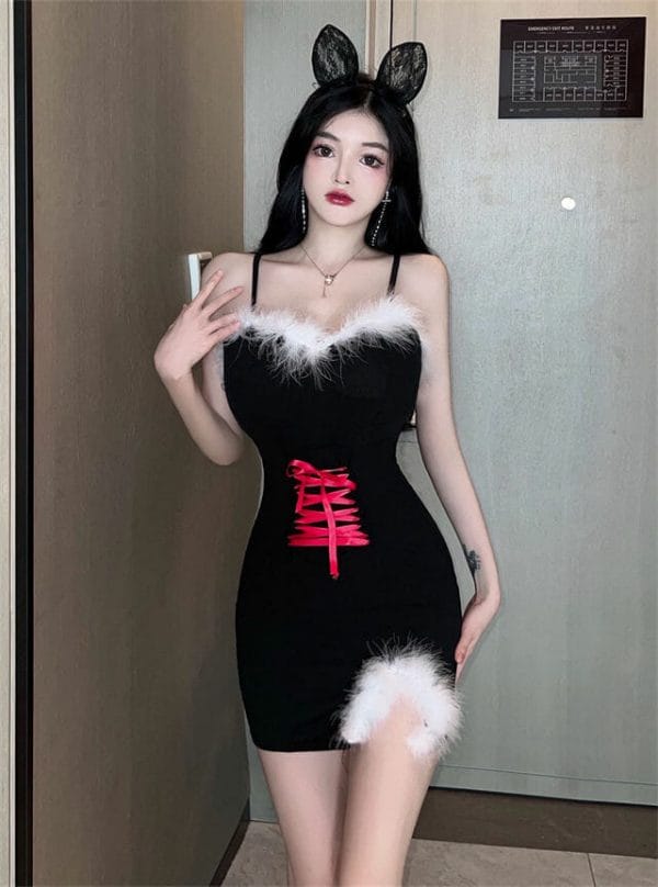 Lovely Sexy 2 Colors Tie Waist Fur Bust Straps Dress 4