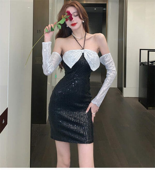 Lovely Sexy Color Block Bowknot Sequins Slim Dress 4