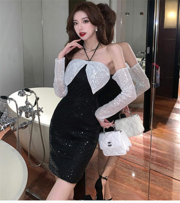 Lovely Sexy Color Block Bowknot Sequins Slim Dress 3