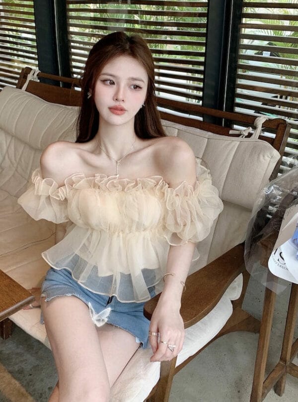 Lovely Sexy Flouncing Gauze Boat Neck Short Blouse 2