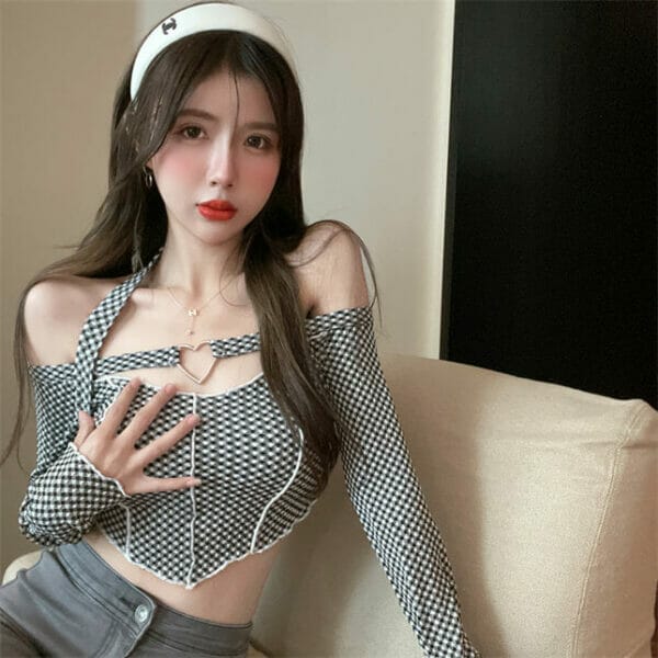 Lovely Sexy Off Shoulder Plaids Short Halter T-shirts 4