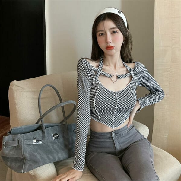 Lovely Sexy Off Shoulder Plaids Short Halter T-shirts 2