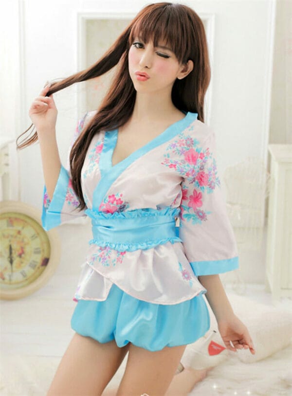 Lovely Sexy V-neck Flouncing Flowers Kimono Dress 4