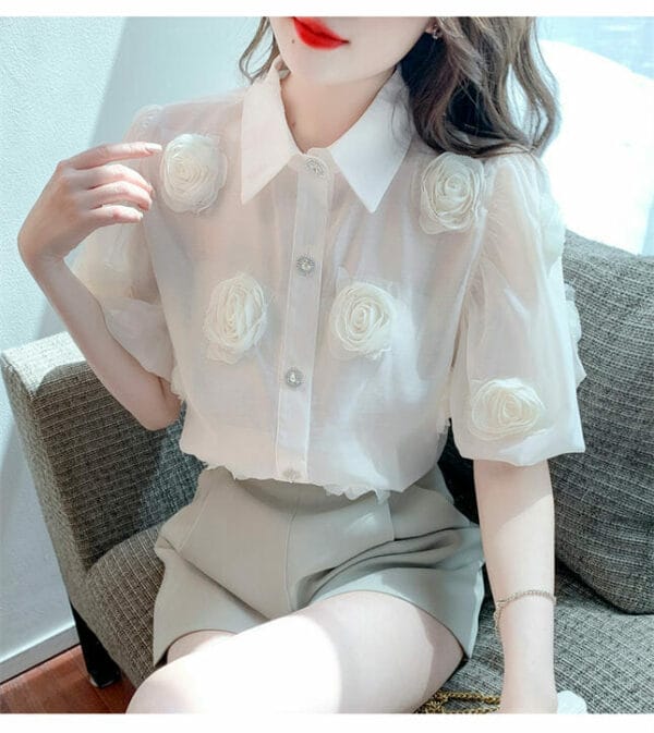 Lovely Summer Stereo Flowers Shirt Collar Puff Sleeve Blouse 5