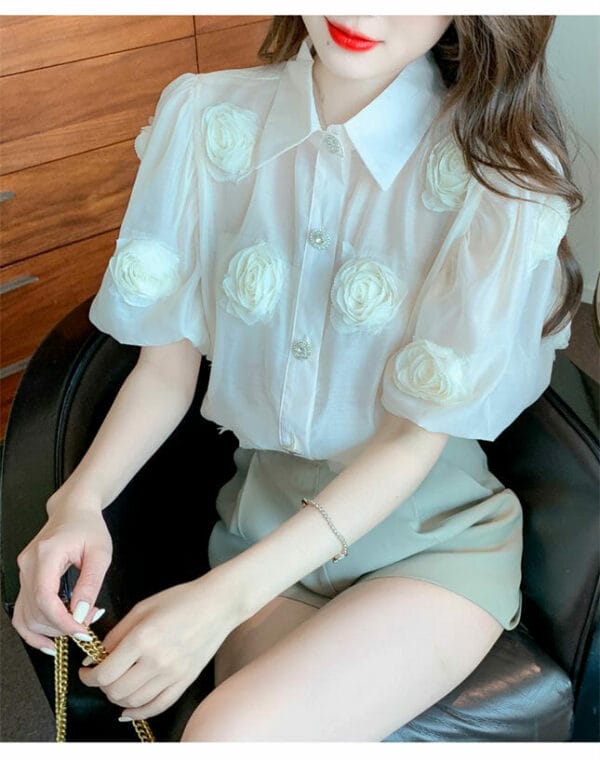 Lovely Summer Stereo Flowers Shirt Collar Puff Sleeve Blouse 4