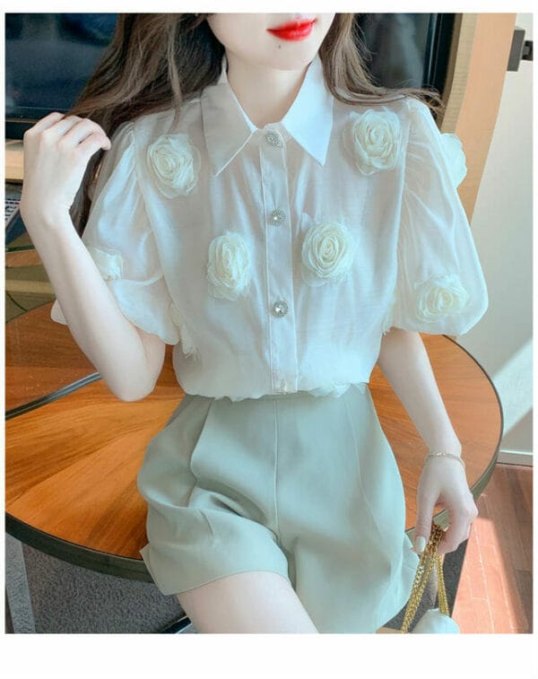 Lovely Summer Stereo Flowers Shirt Collar Puff Sleeve Blouse 3