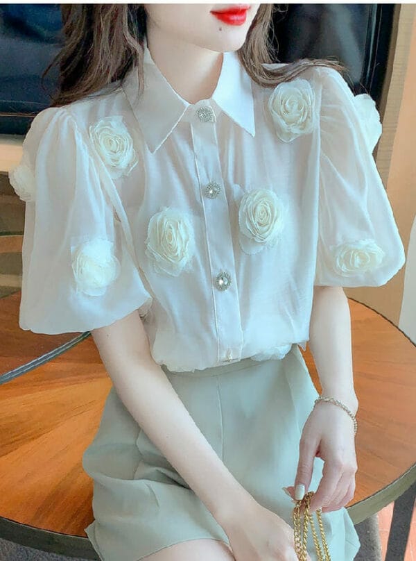 Lovely Summer Stereo Flowers Shirt Collar Puff Sleeve Blouse 1