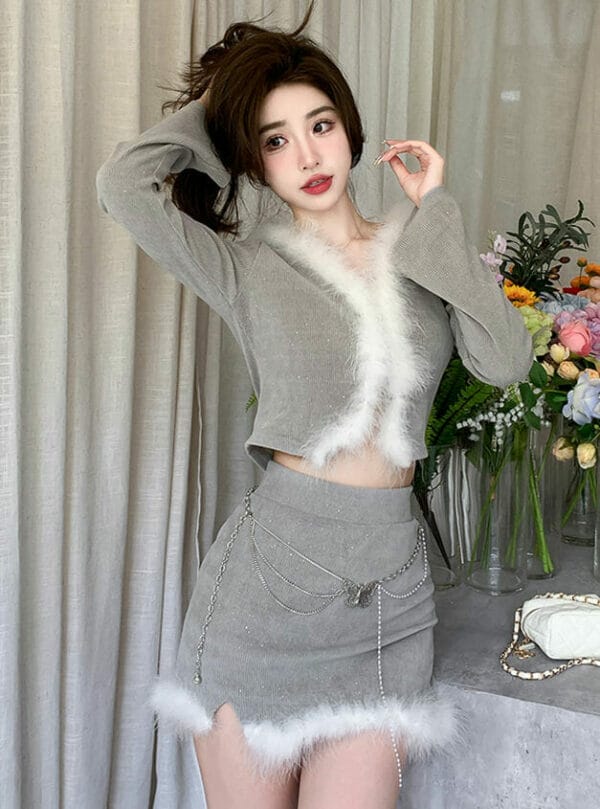 Lovely Fur Edges Chain Waist Slim Two Pieces Dress 3