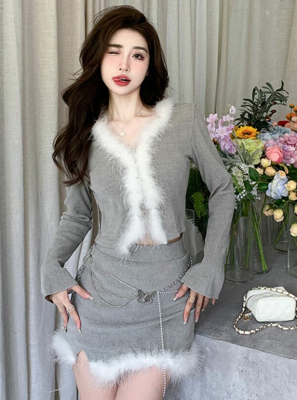 Lovely Fur Edges Chain Waist Slim Two Pieces Dress 2