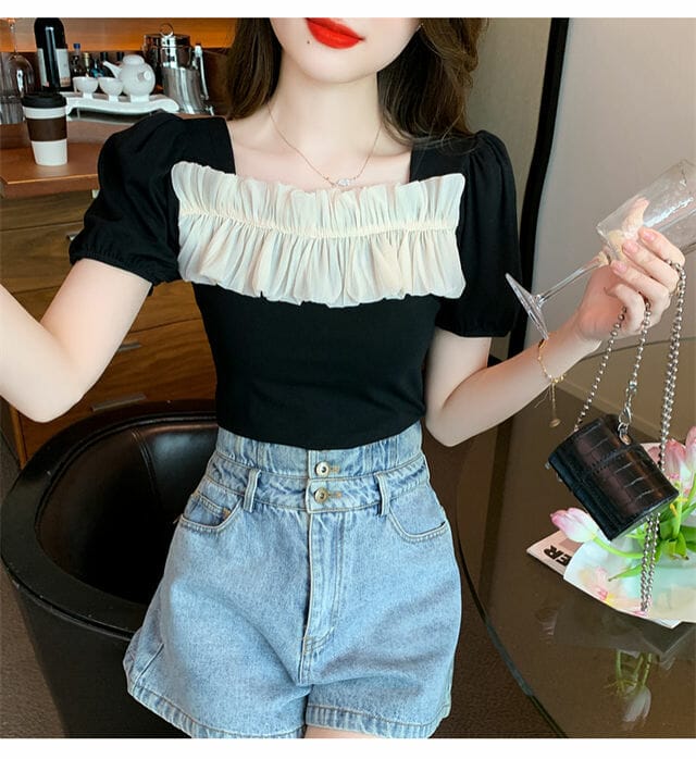 Modern 2 Colors Pleated Square Collar Short Sleeve Blouse