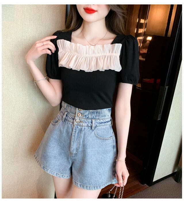 Modern 2 Colors Pleated Square Collar Short Sleeve Blouse