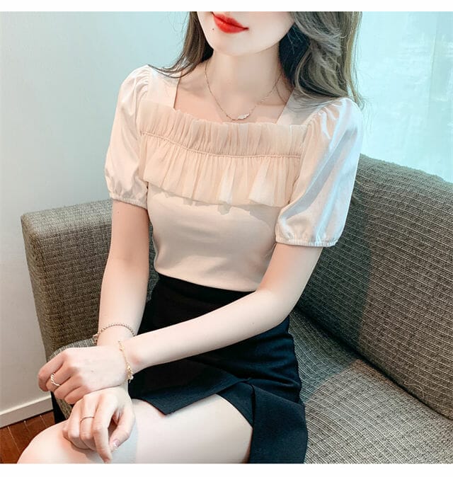 Modern 2 Colors Pleated Square Collar Short Sleeve Blouse