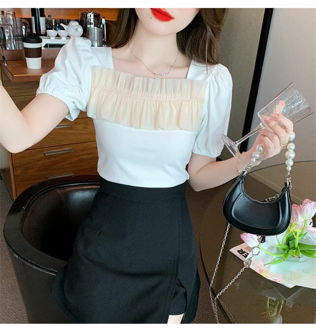 Modern 2 Colors Pleated Square Collar Short Sleeve Blouse