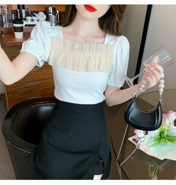 Modern 2 Colors Pleated Square Collar Short Sleeve Blouse 2