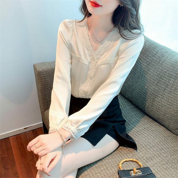 Modern Autumn Buttons Lace V-neck Long Sleeve Blouse 2