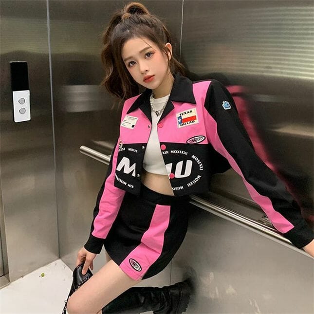 Modern Girl Color Block Letters Baseball Jacket With Short Skirt Seoulinspired