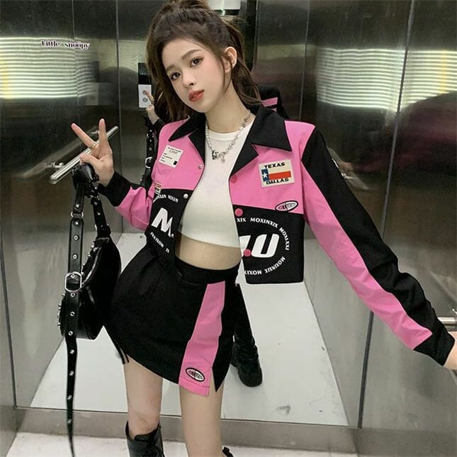 Modern Girl Color Block Letters Baseball Jacket With Short Skirt