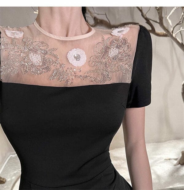 Modern Korea Beads Flowers Gauze Collar Bodycon Dress 6