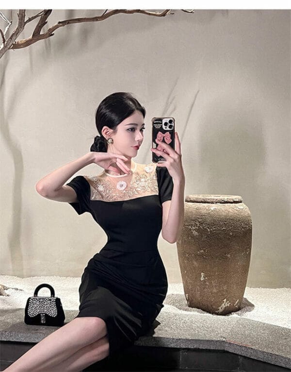 Modern Korea Beads Flowers Gauze Collar Bodycon Dress 4