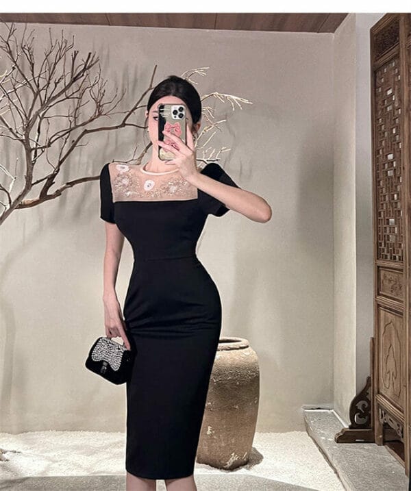 Modern Korea Beads Flowers Gauze Collar Bodycon Dress 2