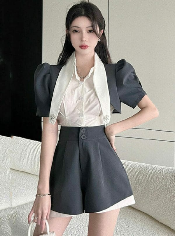 Modern Korea Color Block Rhinestones Puff Sleeve Short Suits 1